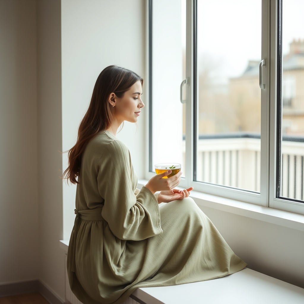Woman enjoying LuluTox herbal tea in a bright, minimal space